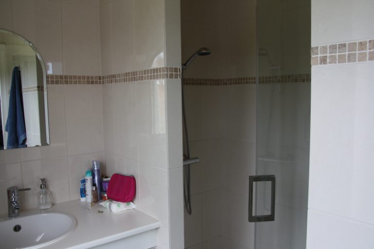 Badkamer met inloopdouche en wastafel